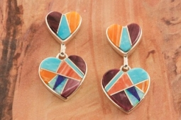 Calvin Begay Genuine Gemstones Sterling Silver Double Heart Earrings